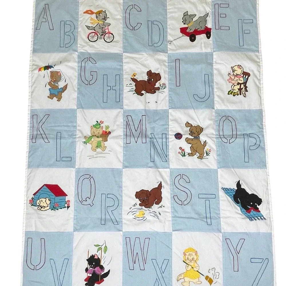 Vintage ABC Alphabet Animals Baby Quilt Blue White Gingham Puppy Kitten Retro‎